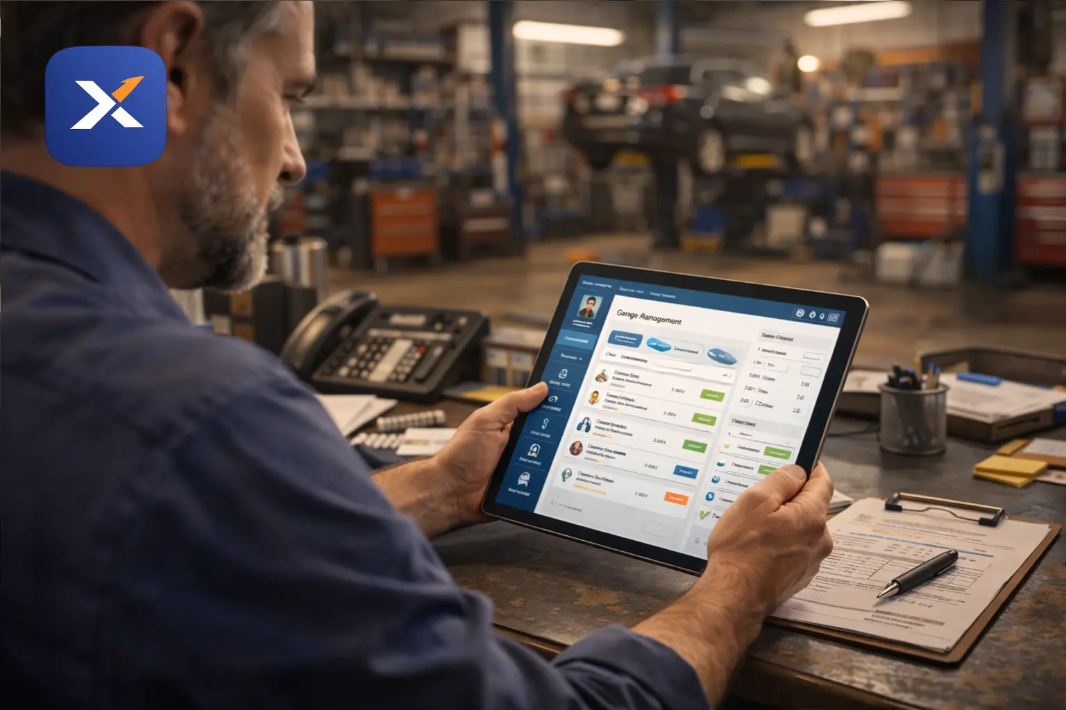 Digital garage management software displaying vehicle records and repair order details inside a small shop