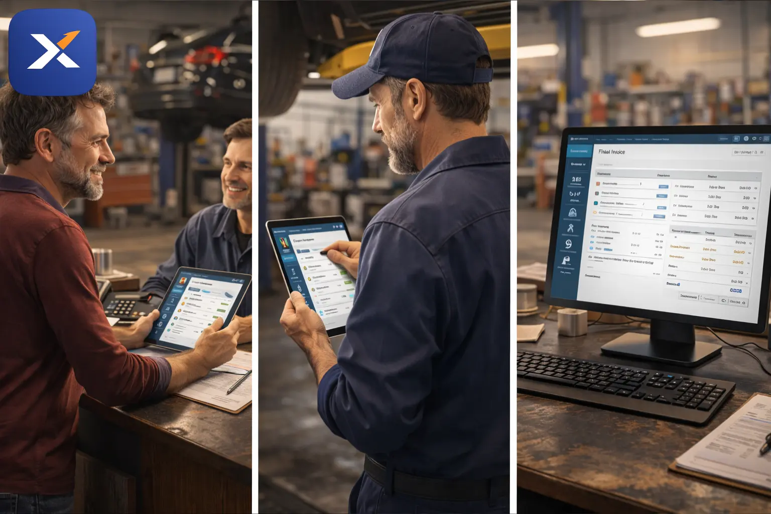 Auto repair shop workflow moving from intake to invoicing using cloud-based garage management software