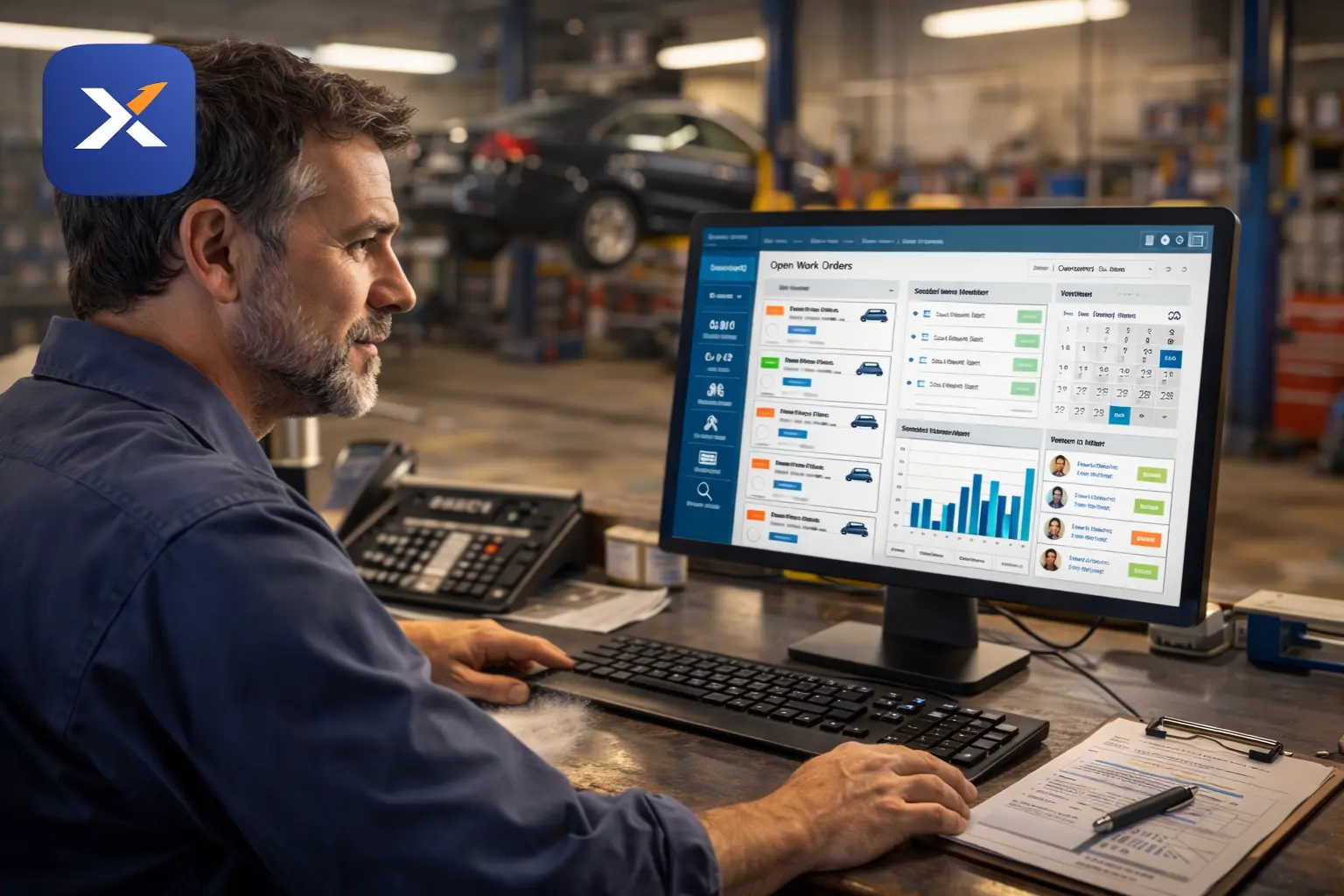 Auto repair shop owner using garage management software at front desk