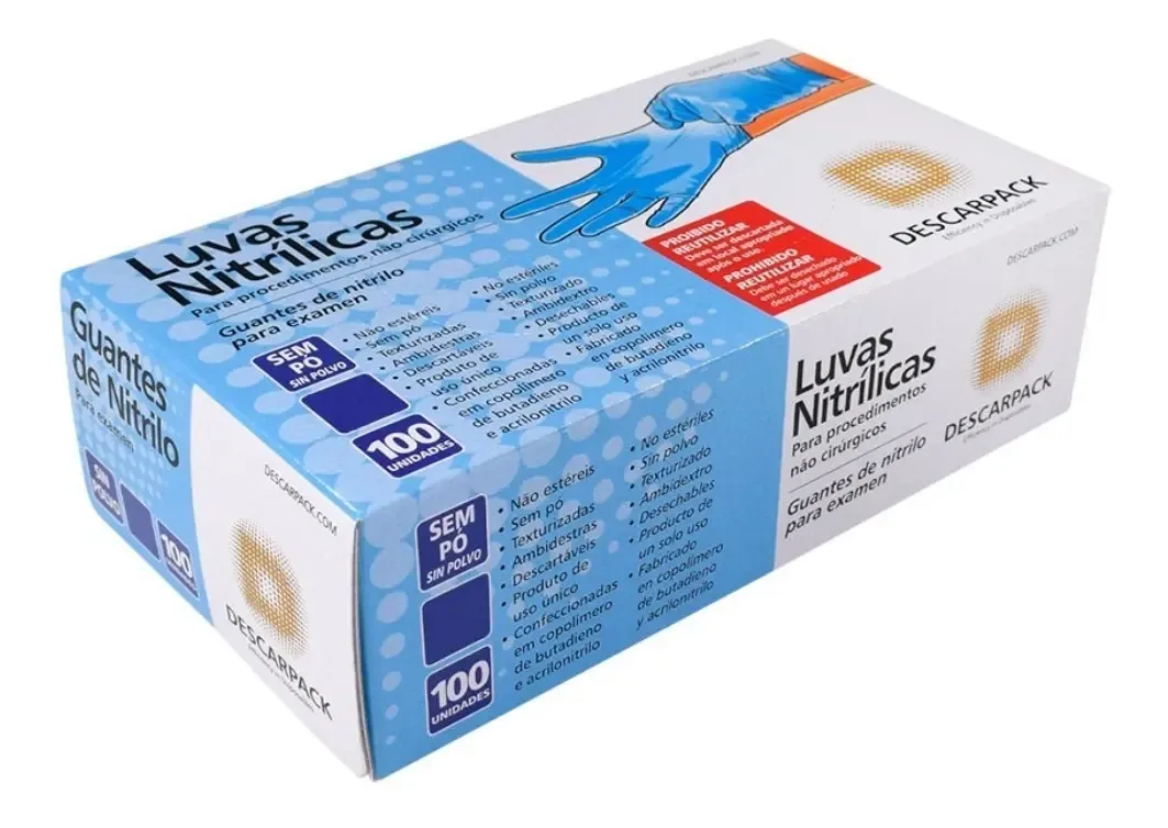 Luva Nitrílica Azul Sem Pó Descarpack Com 100 Unidades