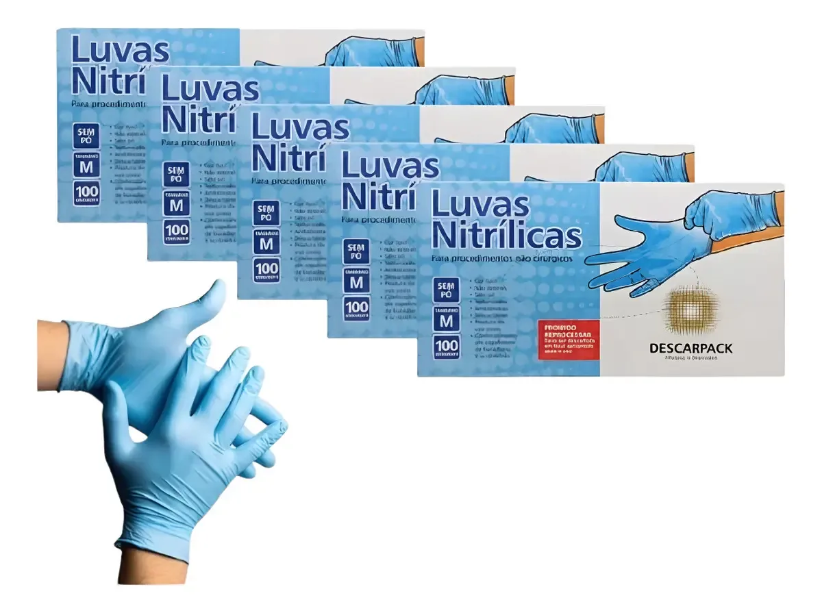 Luvas Nitrílica Descarpack, Kit Com 500 Unidades Azul Sem Pó Tamanhos