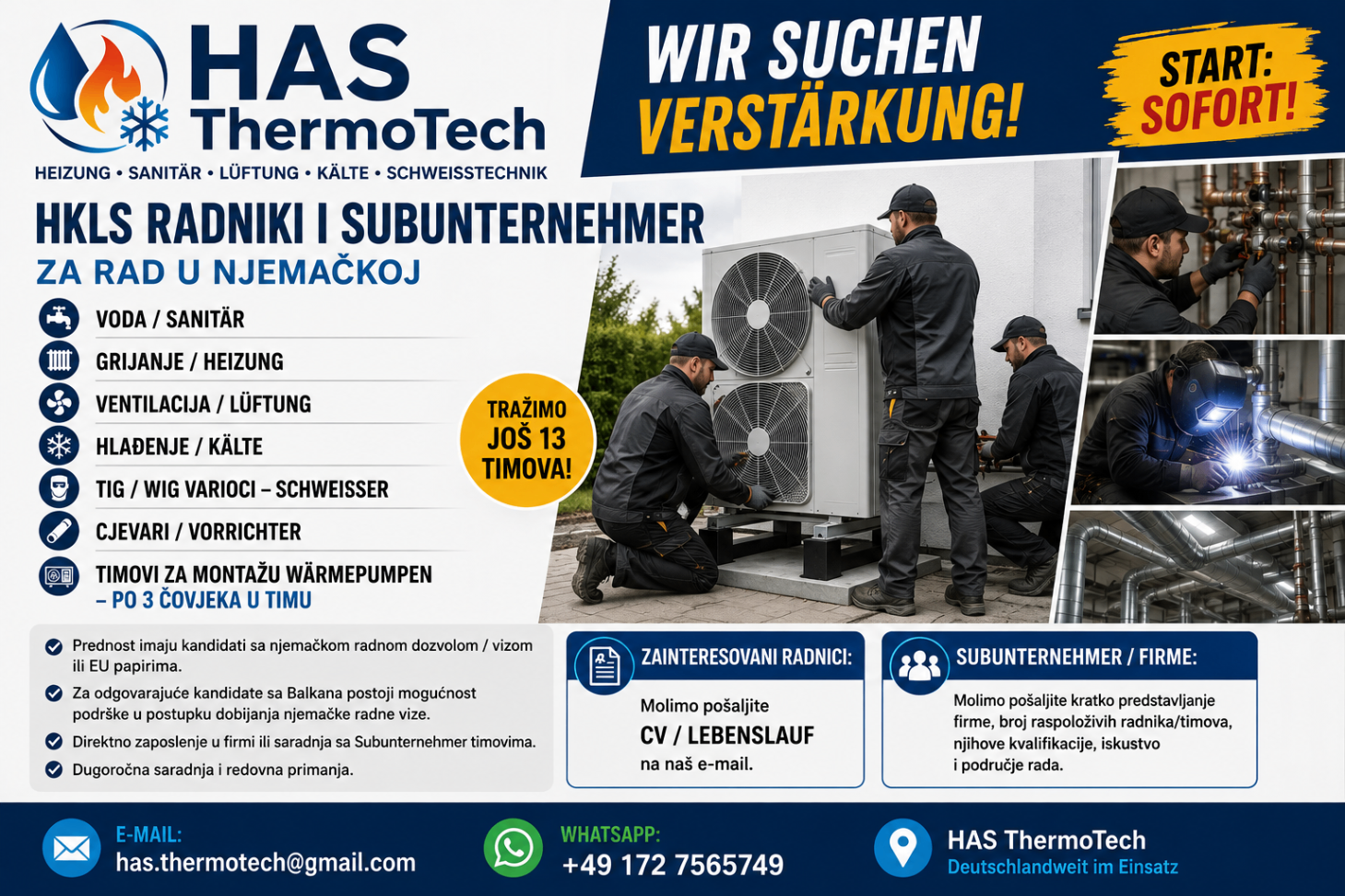 HAS ThermoTech traži radnike i Subunternehmer timove za Njemačku