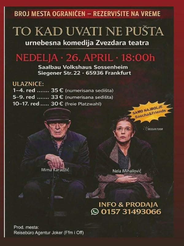 "To kad uvati ne pušta" - Urnebesna komedija - Nedelja 26.04.2026 u 18:00h