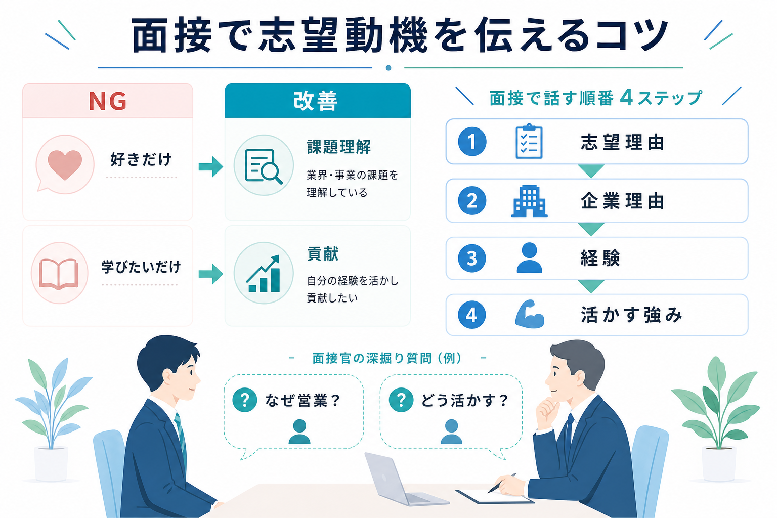 志望動機-営業職-面接対策-深掘り質問-改善例