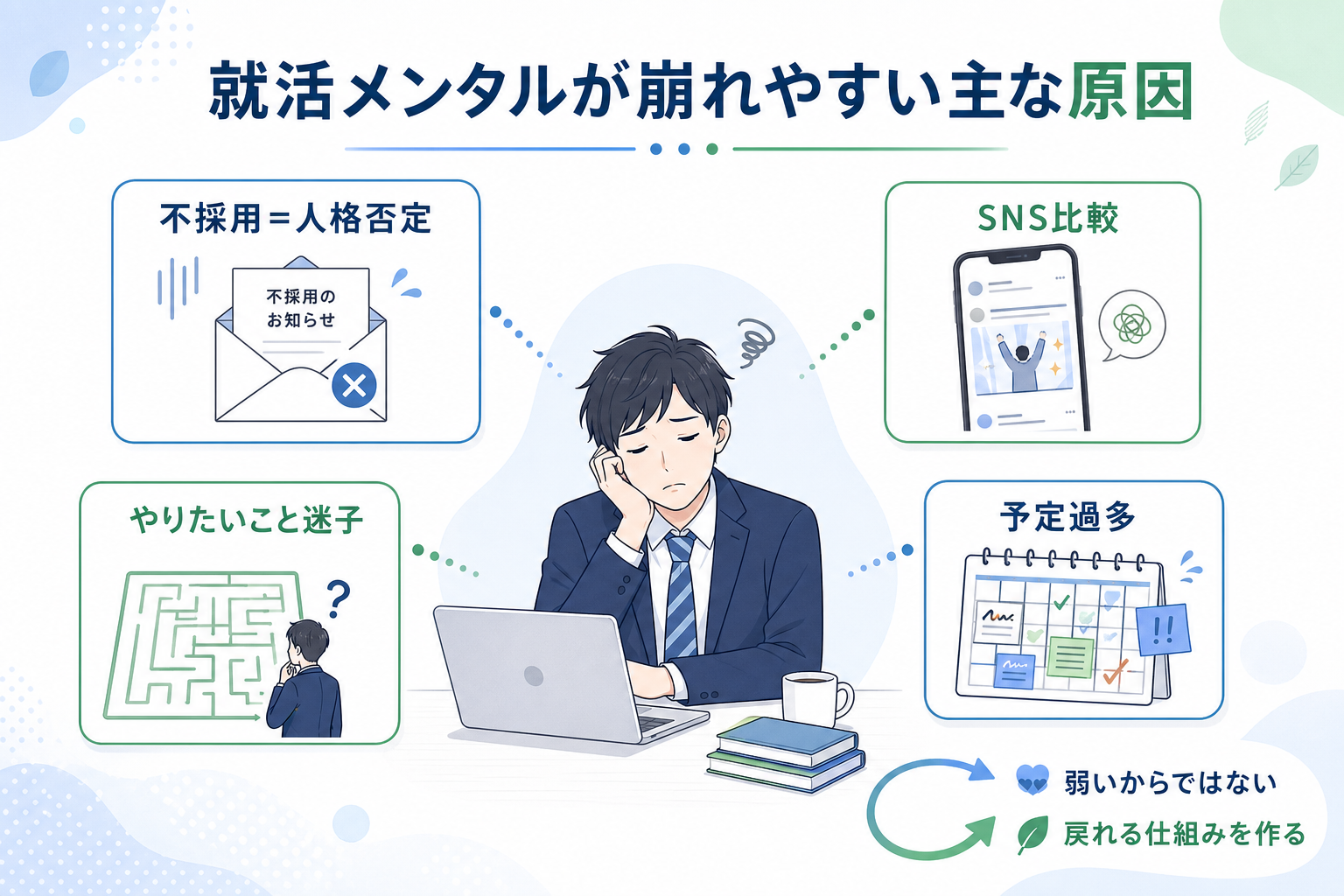就活-メンタル-崩れやすい原因-不採用-比較-予定過多