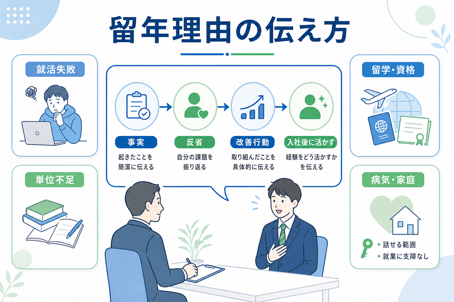 就活-留年-理由-面接-伝え方-ケース別-回答構成