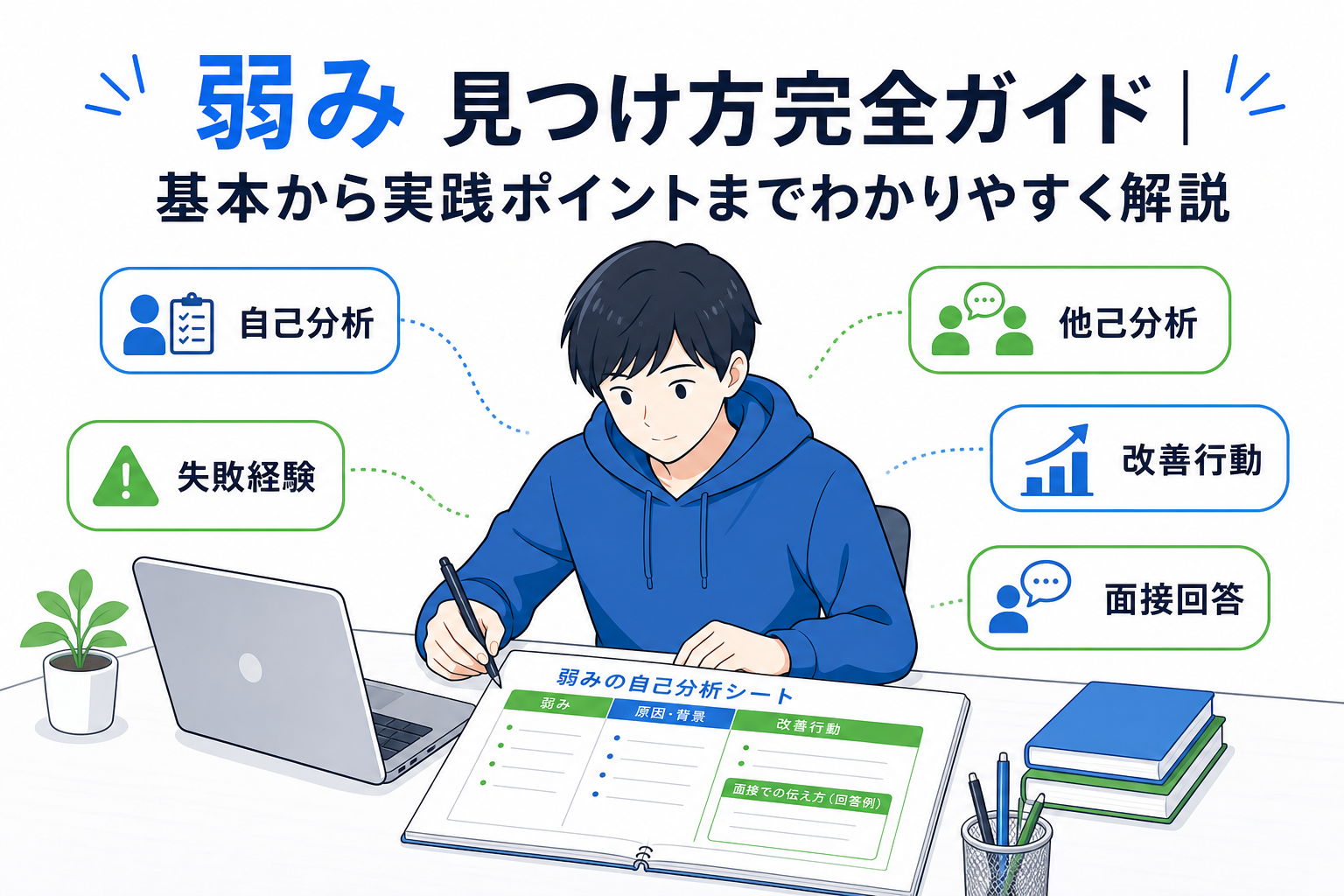 就活で聞かれる弱みの見つけ方を解説｜自己分析・他己分析・失敗経験の深掘り・回答例までわかりやすく解説