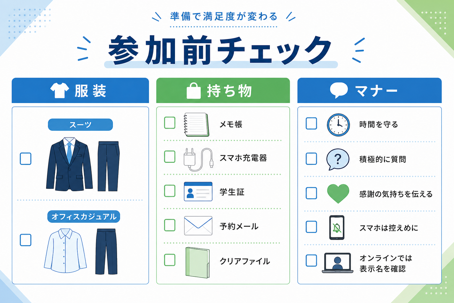 就活-イベント-服装-持ち物-マナー-チェックリスト