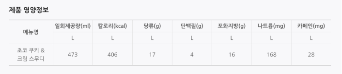 초코쿠키 & 크림 스무디 칼로리 및 영양성분