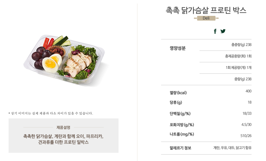 400kcal, 당류 18g, 단백질 18g