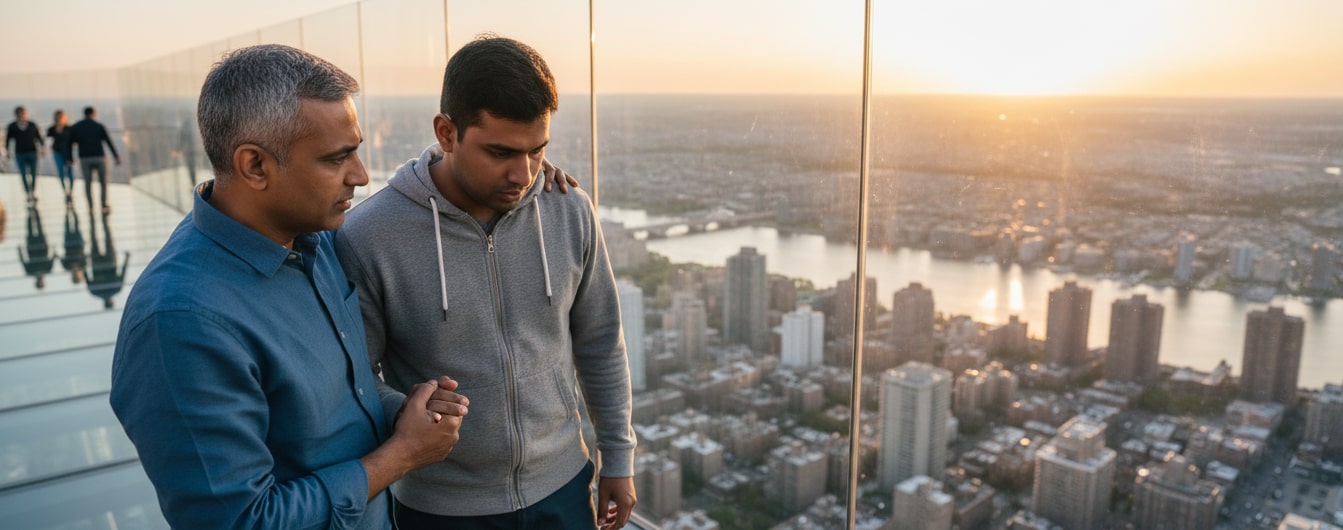 indian man with his psychologist for overcoming fear of heights practising exposure therapy