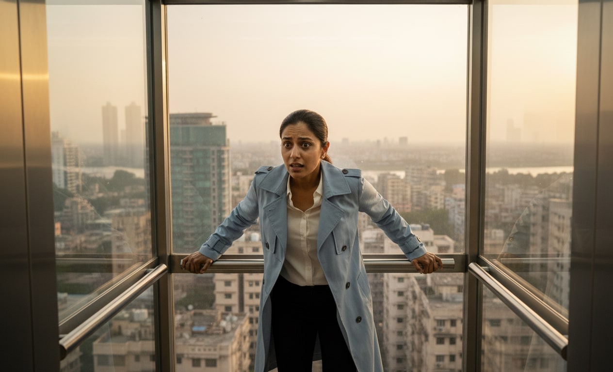 indian urban woman getting anxious because of phobia of heights