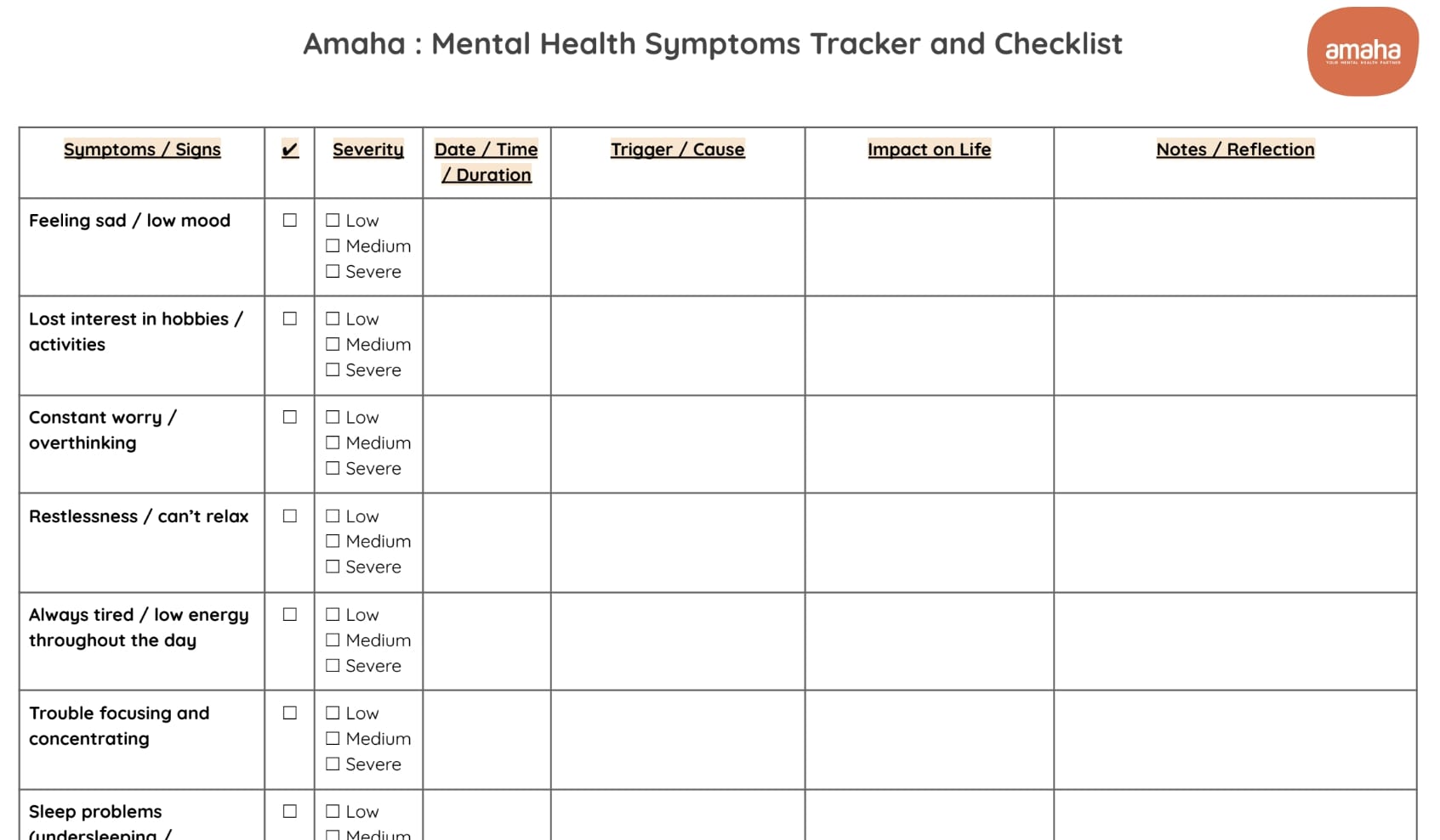 Mental health symptoms tracker and checklist pdf download