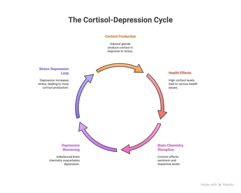 Visual diagram showing the cortisol-depression cycle, where chronic stress elevates cortisol levels, disrupting brain chemistry, reducing serotonin and dopamine, and increasing risk of depression and emotional imbalance.