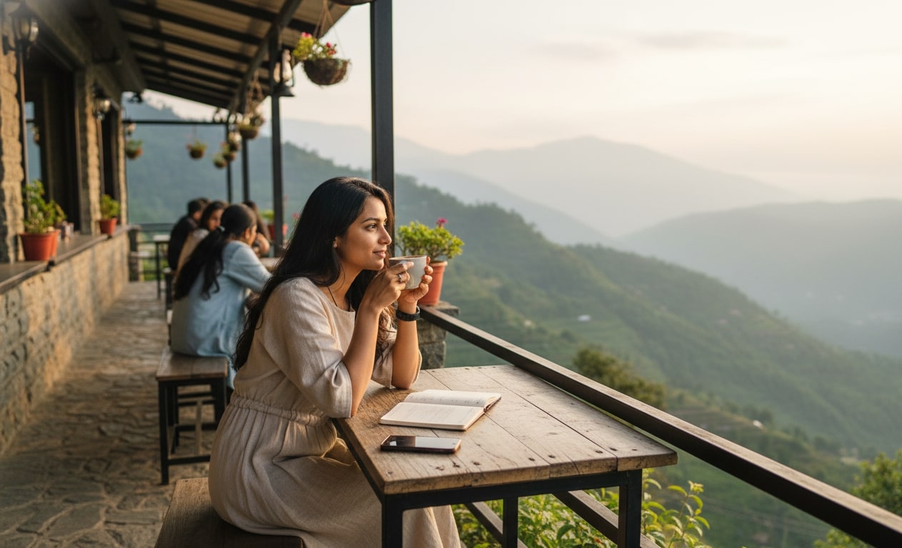 indian woman sitting at a mountain cafe