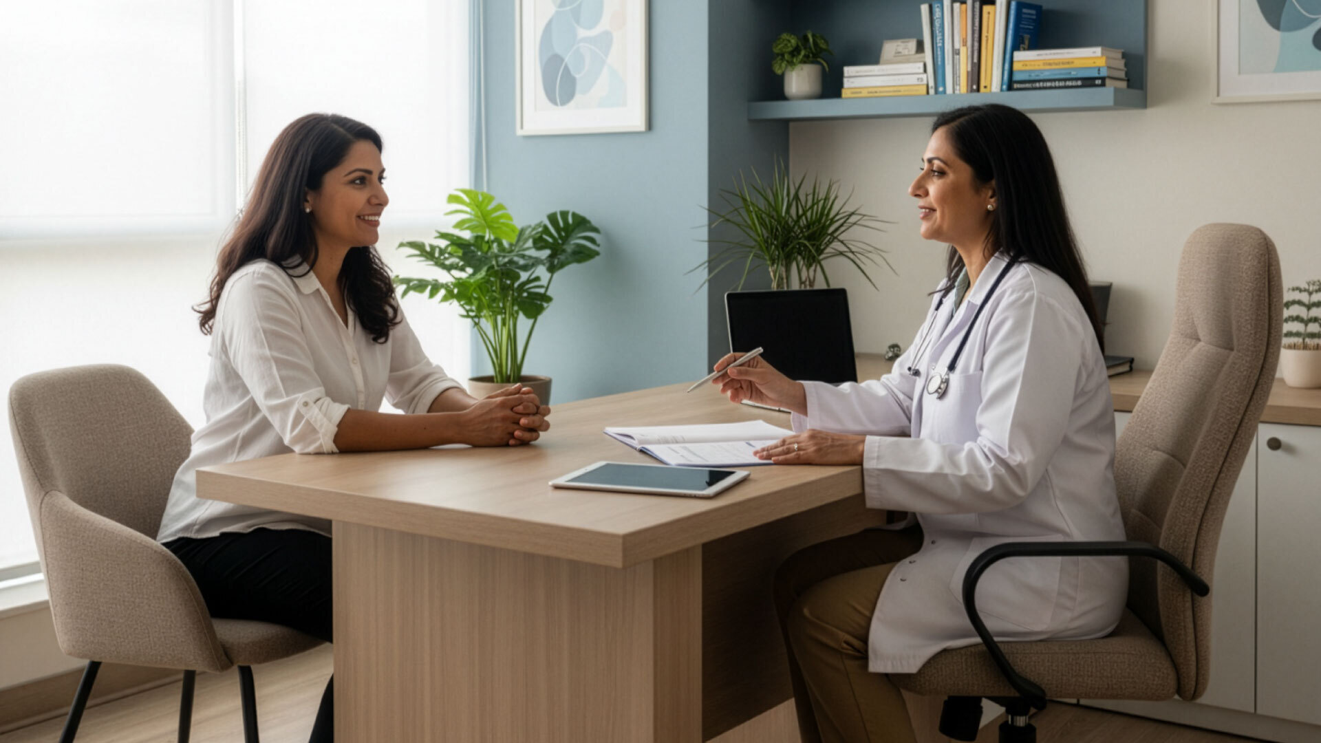 Indian Patient Consulting With Bipolar Isorder Specialist In Modern Clinic Setting, Showing Supportive Therapy Session With Medical Charts And Calming Environment
