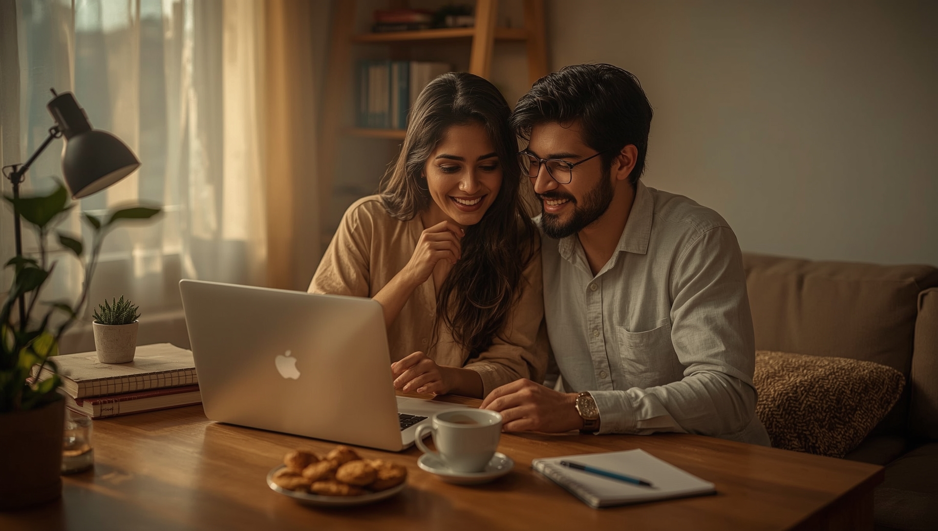 Young Indian couple sitting together taking a compatibility test on a laptop, smiling and discussing questions with books and chai cups on the table around them