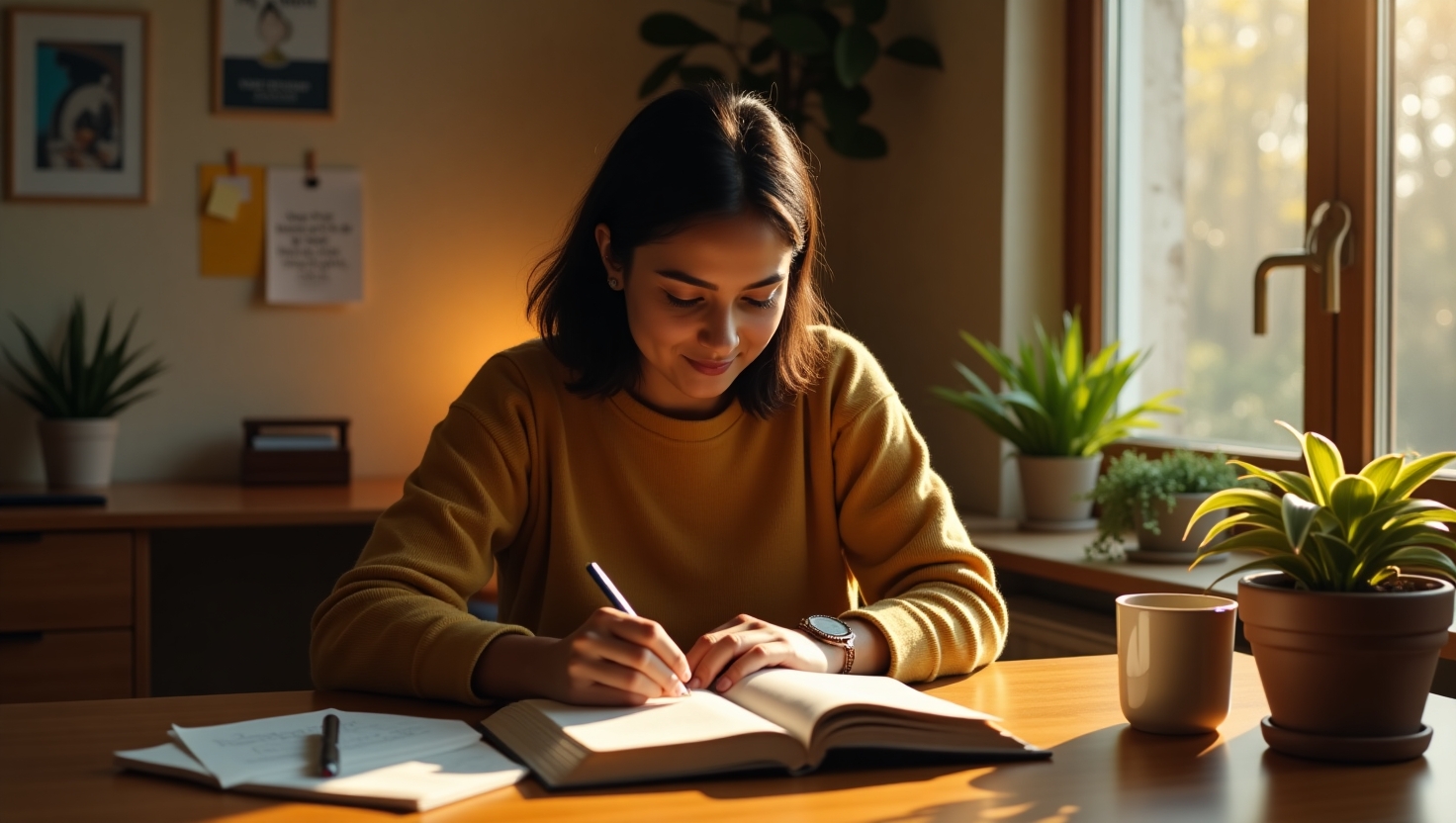 Person reading a self-help book at a cozy desk with notebook and coffee, warm lighting creating an inspiring study atmosphere for personal growth