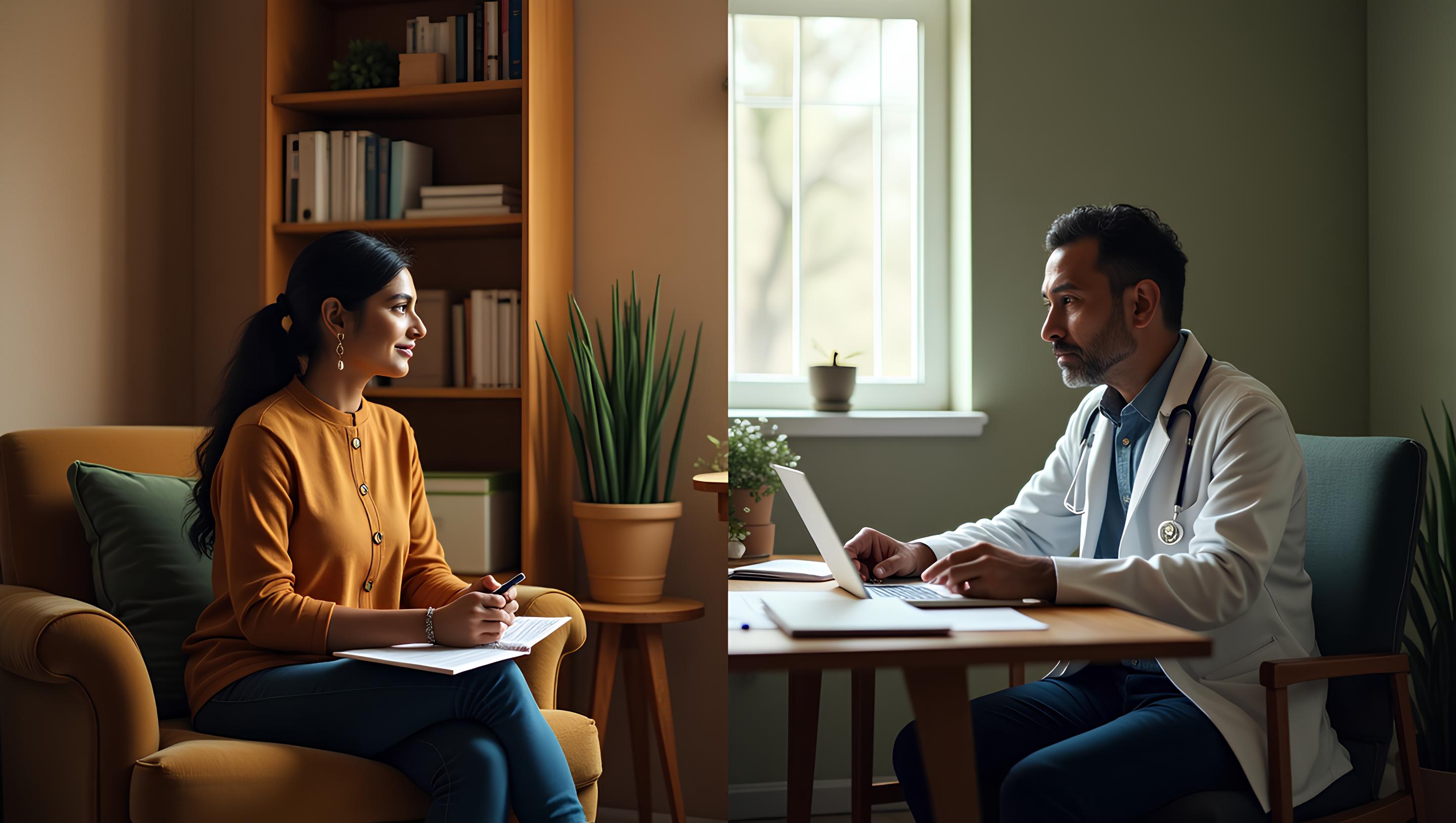 Split image showing a psychologist conducting therapy session on left and psychiatrist reviewing medical charts on right, representing the difference between psychological and medical approaches to mental health treatment
