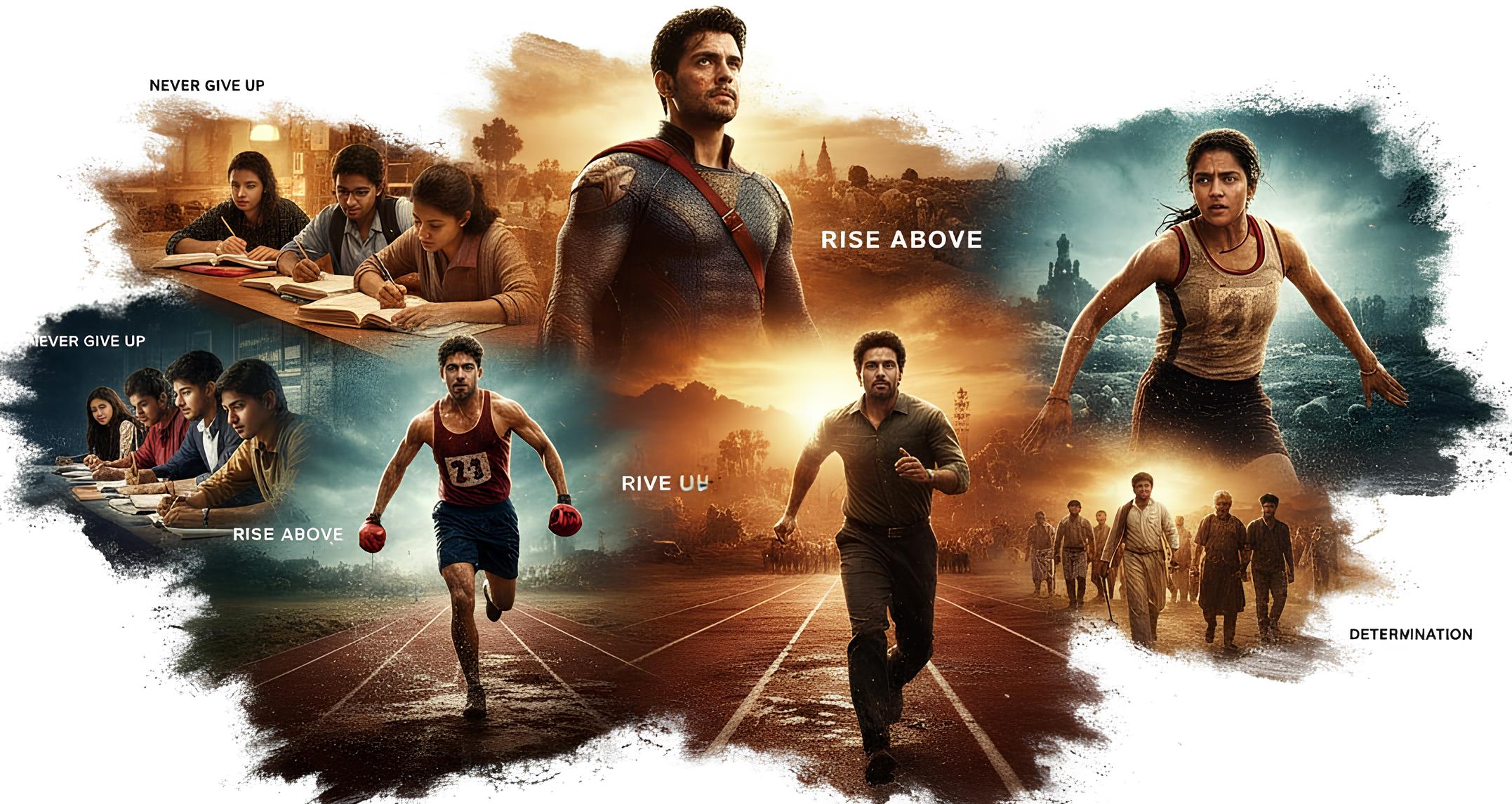 Collage of inspirational scenes from top Hindi and Hollywood motivational movies, showing students, athletes, and heroes overcoming challenges