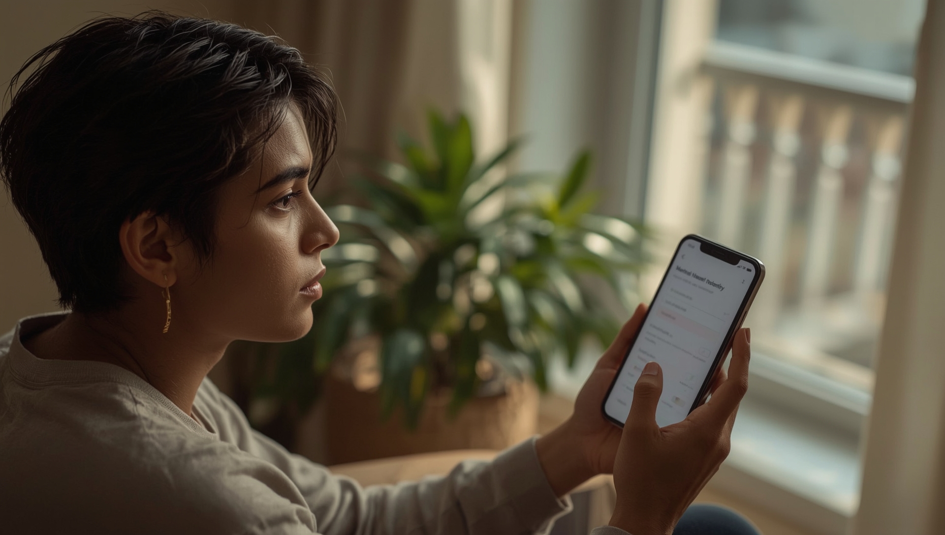 Young Indian person sitting quietly by a window with soft natural lighting, holding a smartphone displaying a mental health questionnaire, with a peaceful indoor plant in the background, representing self-reflection and mental health awareness.