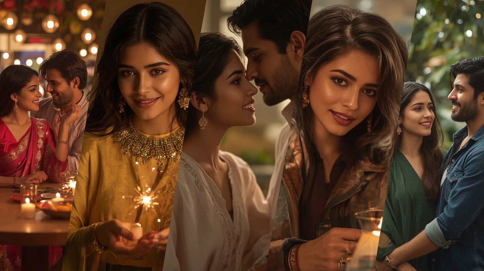 hero banner featuring a cohesive collage of seven linked images showing an Indian couple progressing through the 7 stages of love. The collage should flow naturally from left to right, visually guiding the viewer through each stage, maintaining consistent appearance of the couple throughout.  Attraction: Couple exchanging glances in a vibrant café or wedding scene. Warm, energetic tones, subtle spark overlay.  Infatuation: Close-up of smiles or hands almost touching. Glowing pastels, soft blush, dreamy quality.  Exploration: Engaged in a shared activity—cooking, hiking, or browsing. Earthy, grounded tones with natural expressions of curiosity.  Deep Connection: Tender intimacy, quiet embrace, heads together. Warm, comforting colors conveying security.  Conflicts: Slight tension or emotional distance. Split-frame, shadows, cooler desaturated tones, subtle body language of strain.  Growth/Stagnation: Ambiguous: growth shown by walking forward hand-in-hand or building something; stagnation by emotional distance in same space. Color tones reflect resolution or muted stasis.  Commitment/Separation: Embrace or forward-looking together for commitment; solitary or walking apart for separation. Rich, harmonious hues for commitment; soft, cool tones for separation.  Style: Semi-realistic lifestyle photography, soft lighting, slightly dreamy but realistic. Subtle iconography optional (hearts, arrows). Emphasize expressions, body language, and emotional progression 