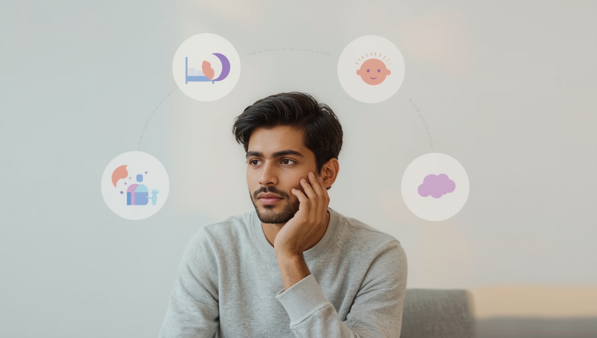 Person sitting thoughtfully with floating thought bubbles showing various mental health symptoms like sleep issues, anxiety, and mood changes, representing mental health awareness and symptom recognition