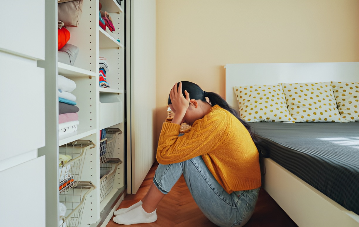 Young Woman Sitting On The Floor In Distress, Holding Her Head, Surrounded By Home Setting, Depicting Signs And Symptoms Of PTSD