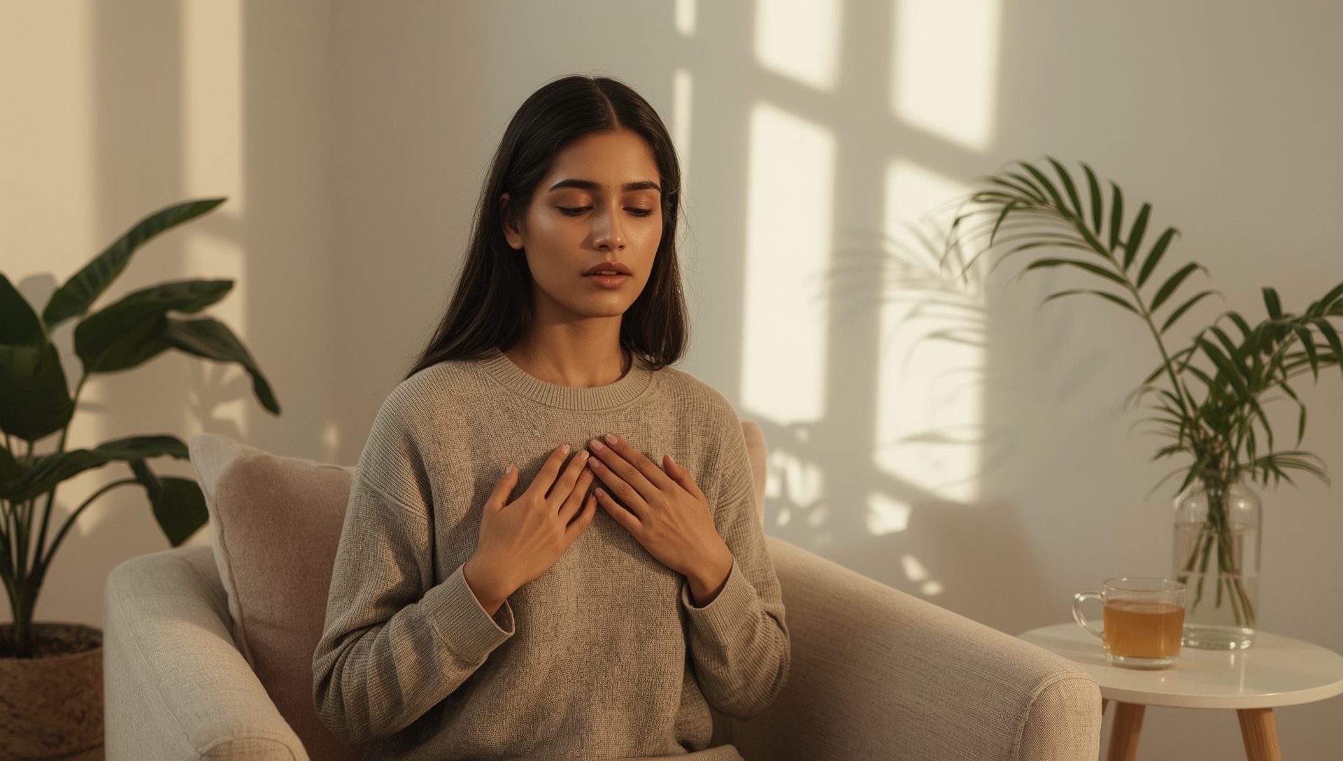 Calm Indian woman practicing breathing exercise in peaceful home setting with hands on chest demonstrating anxiety relief techniques