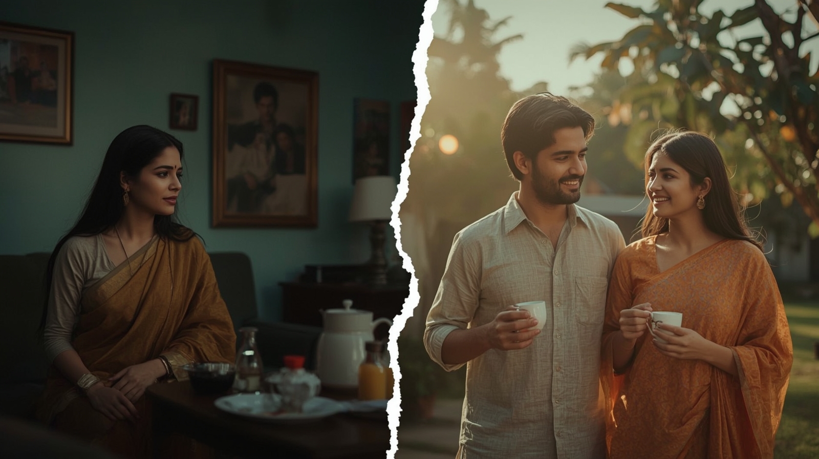 Indian couple sitting apart on opposite ends of couch looking distressed depicting emotional distance and impact of extramarital affair on marriage and mental health