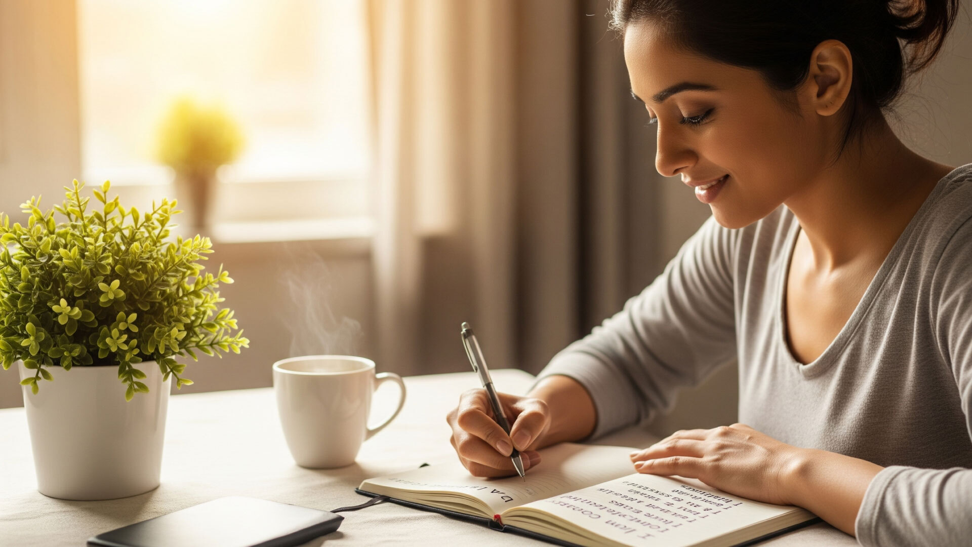 Indian woman writing positive affirmations in notebook during peaceful morning routine with tea, representing mindfulness and self-improvement practices