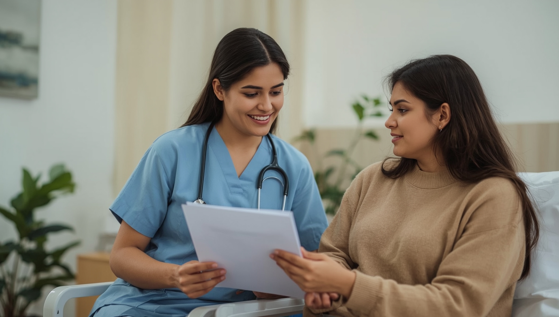 Indian nurse discussing anxiety care plan with patient in hospital setting, showing compassionate healthcare interaction with medical charts and calming environment