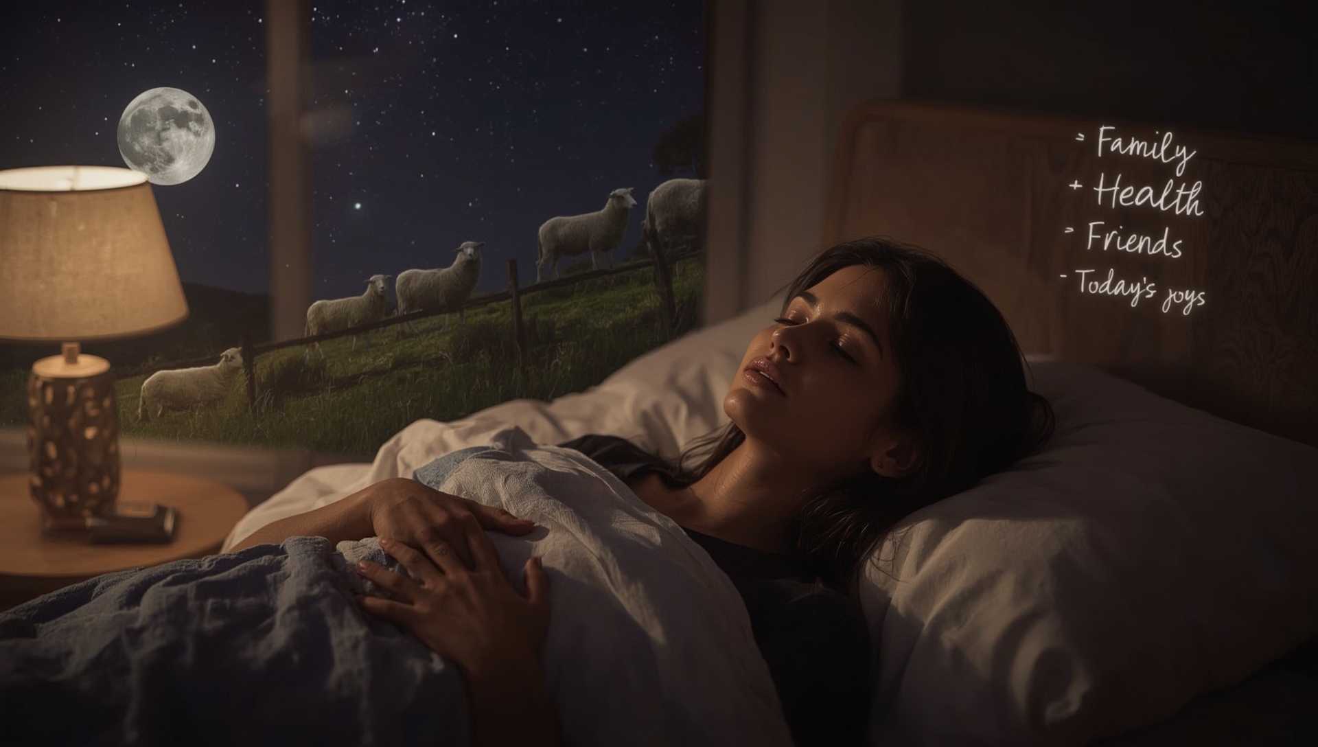 Peaceful person lying in bed with closed eyes practicing breathing technique with moon and stars visible through window, demonstrating quick sleep methods and dreaming about sheep and peaceful scenery and listing 3–4 things you’re grateful for while visualising them