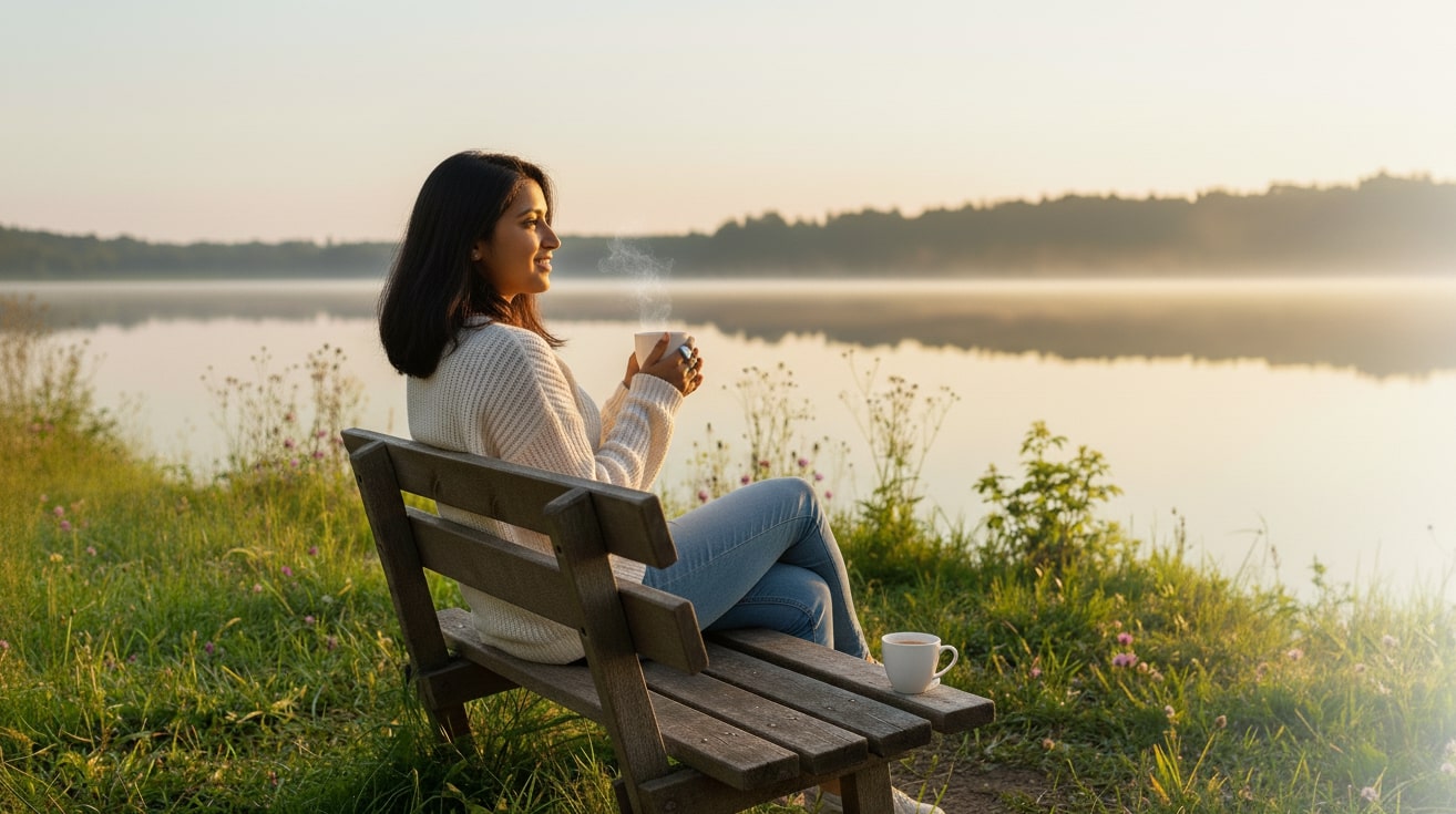 Young person sitting peacefully by a window with morning light, holding a journal and tea cup, symbolising healing and self-reflection after a breakup