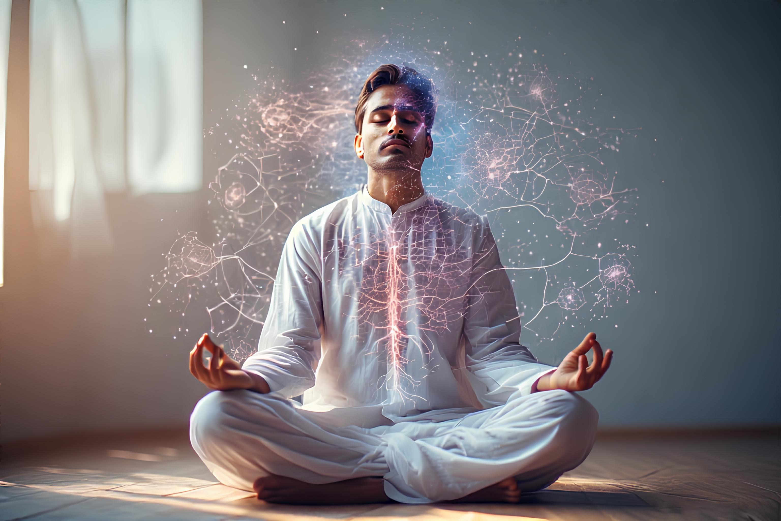 Person sitting peacefully in meditation pose surrounded by illustrated neural pathways and brain connections, representing nervous system health and healing with soft, calming colors