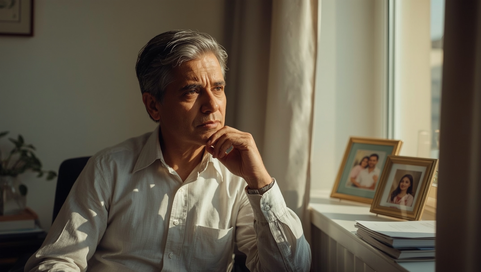 Middle-aged Indian person sitting thoughtfully by a window, contemplating life choices with family photos and career documents visible nearby, representing the complexity of midlife transitions