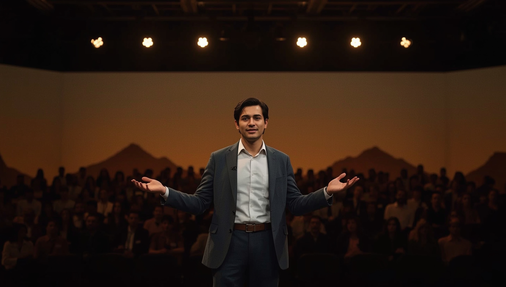 A person standing confidently on a public stage in front of a massive crowd, representing overcoming fear and achieving personal growth through courage