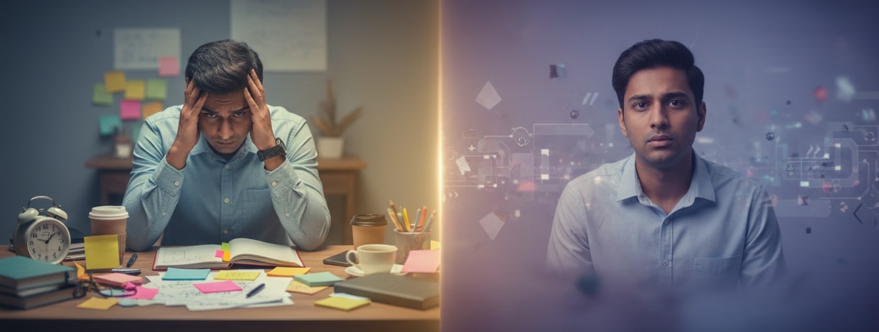 Split-screen illustration showing a person with neurosis experiencing worry and anxiety while maintaining reality contact, contrasted with psychosis showing disconnection from reality with hallucinations and delusions