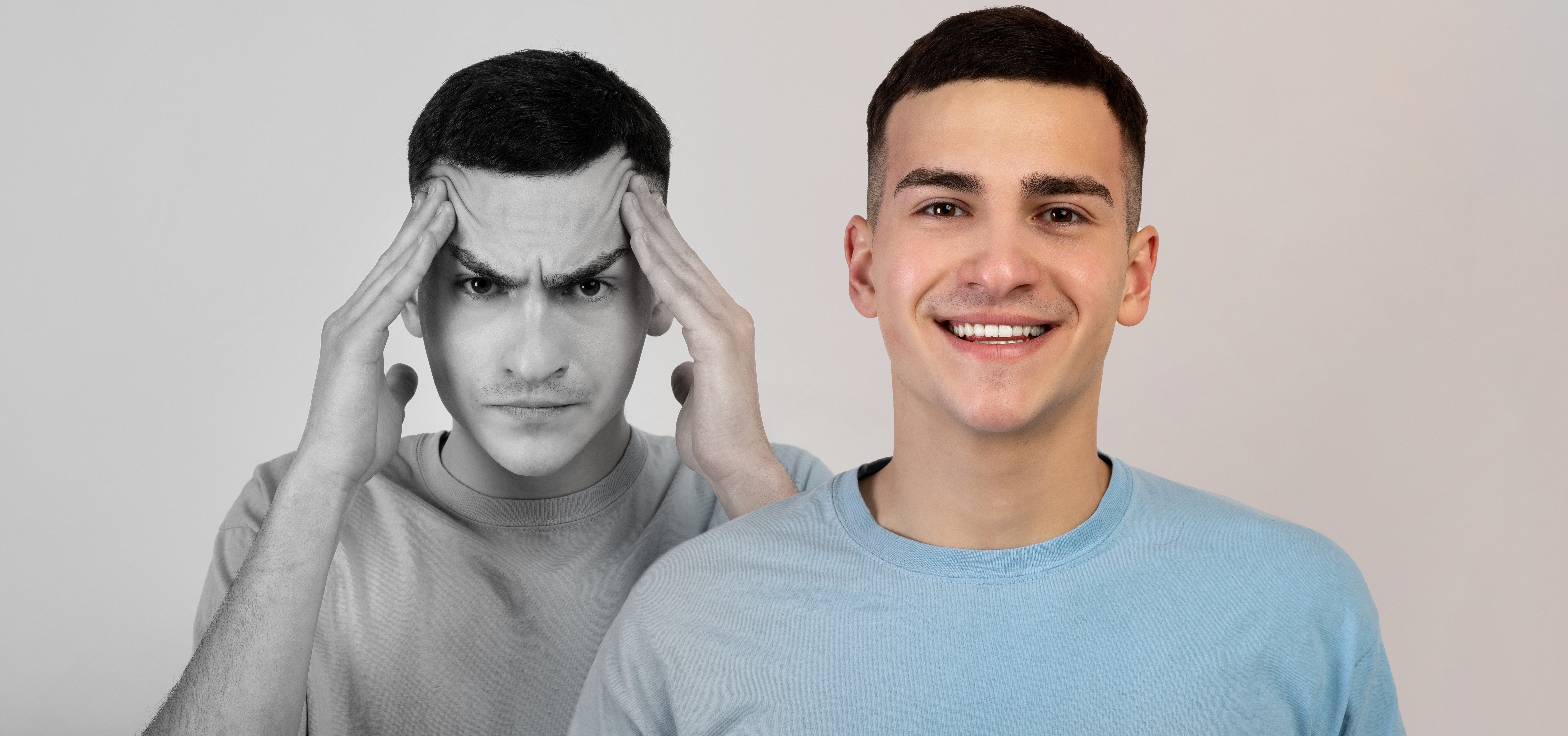 A young man split in two moods — one side in black and white, showing stress and frustration; the other in color, smiling and happy — symbolizing bipolar disorder mood swings.
