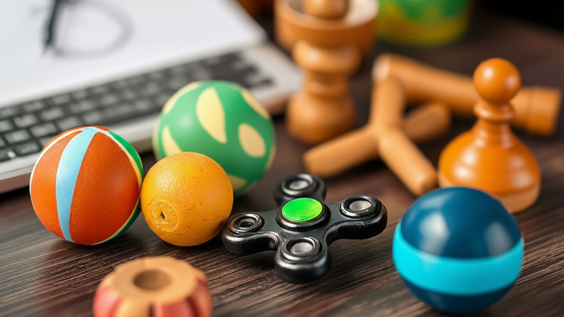 Indian Stress Relief Toys, Including Stress Balls, Fidget Spinners, And Traditional Wooden Toys, Were Placed On The Desk For Relaxation