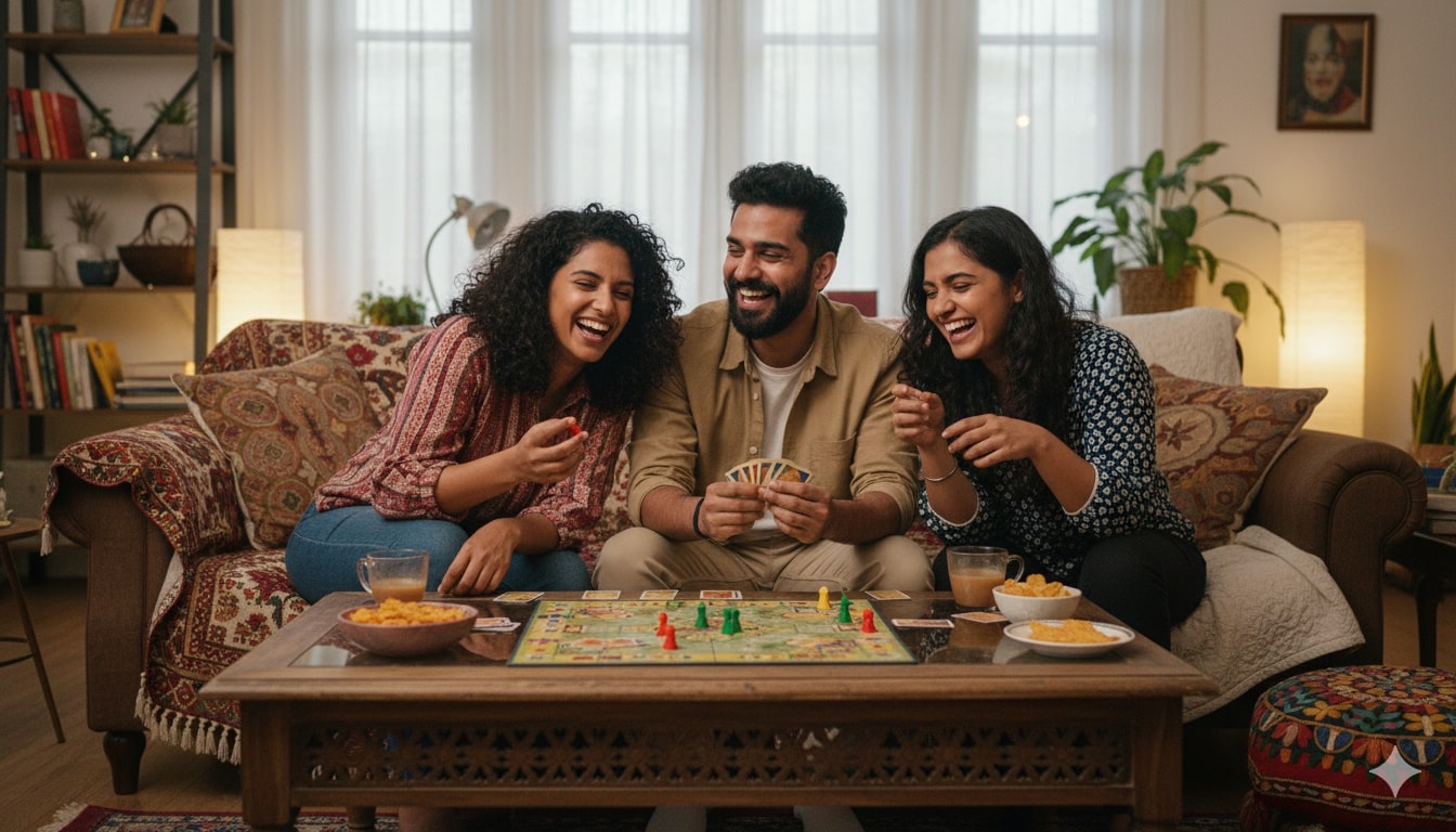 Three Indian adults sharing laughter in a cosy home : symbolising trust, openness, and connection in a polyamorous relationship.