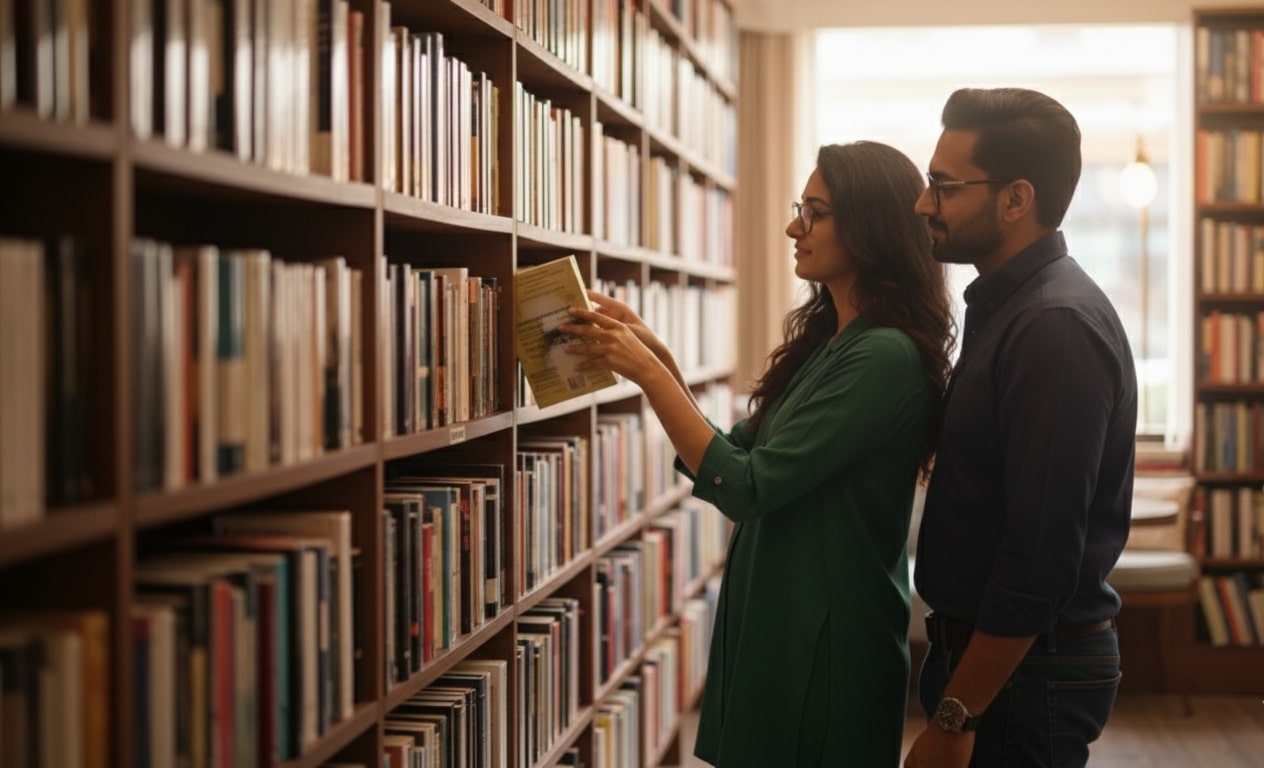 Indian couple having a deep intellectual conversation over coffee in a book shop, engaged in meaningful eye contact, depicting sapiosexual attraction through mental connection