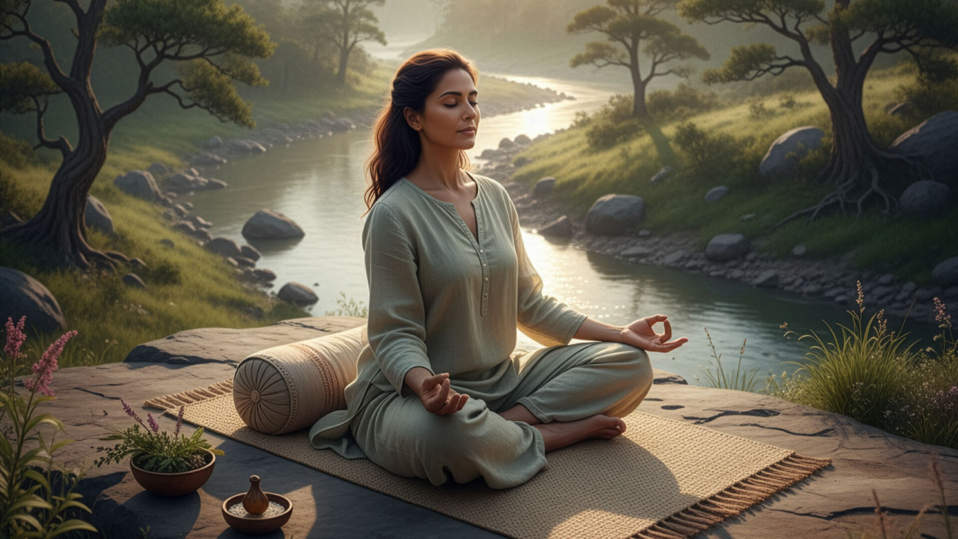Peaceful Indian woman practicing therapeutic yoga poses in serene natural setting with soft morning light, demonstrating personalized yoga therapy session for mind-body healing