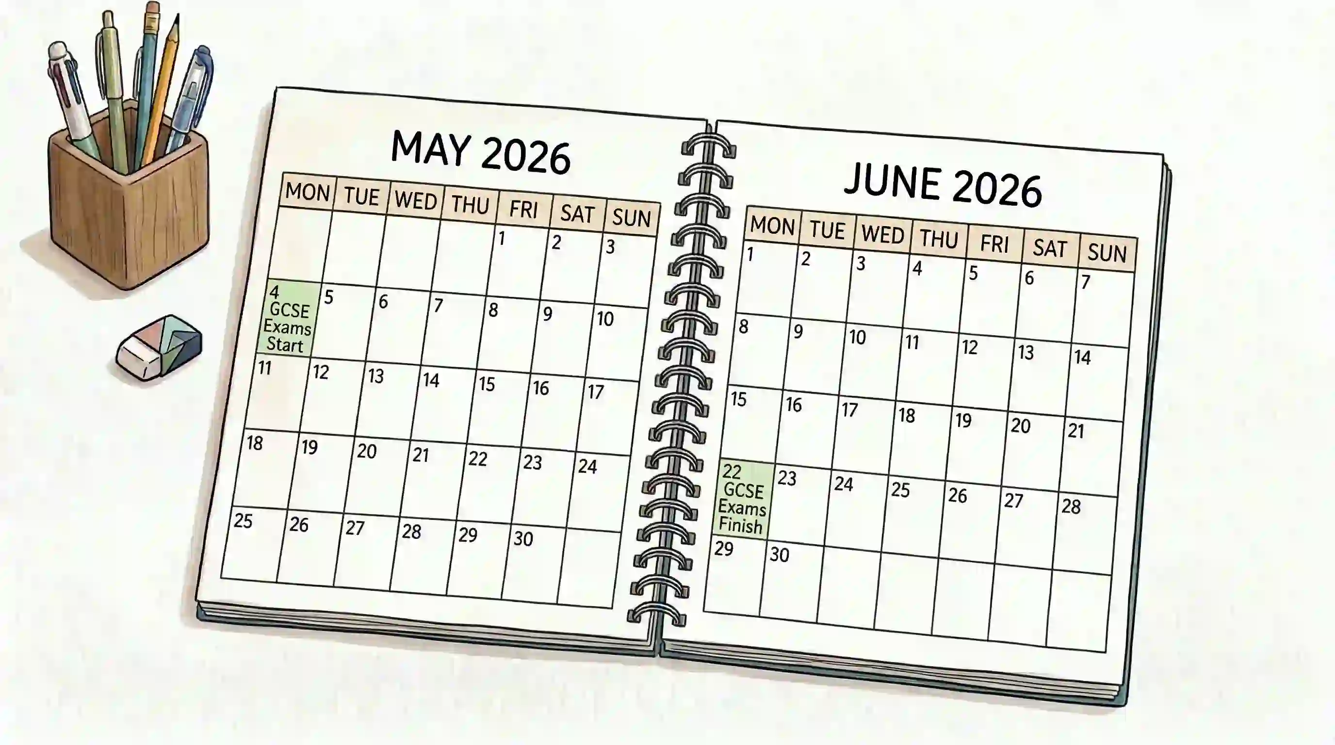 May and June calendar showing GCSE exam dates start and finish for summer 2026