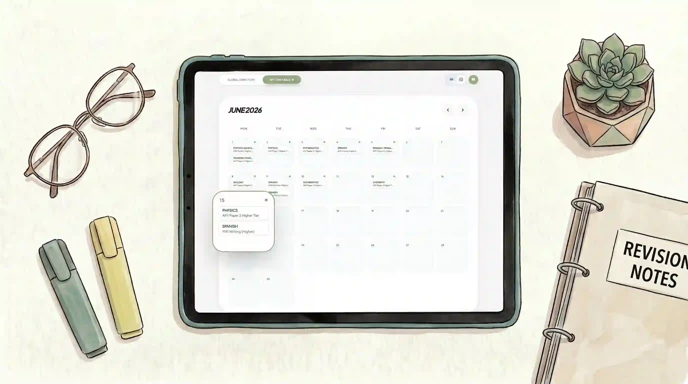 ipad displaying Revision Desk's personal exam timetable tool