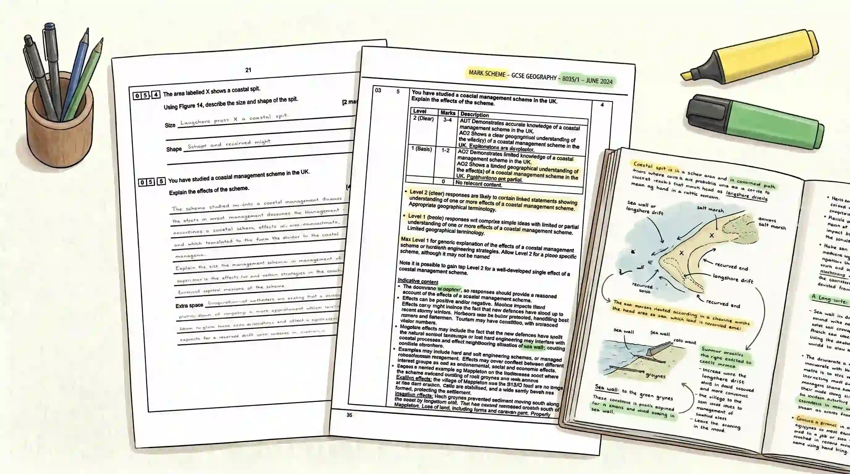 Student annotating a GCSE past paper alongside a mark scheme and revision notes