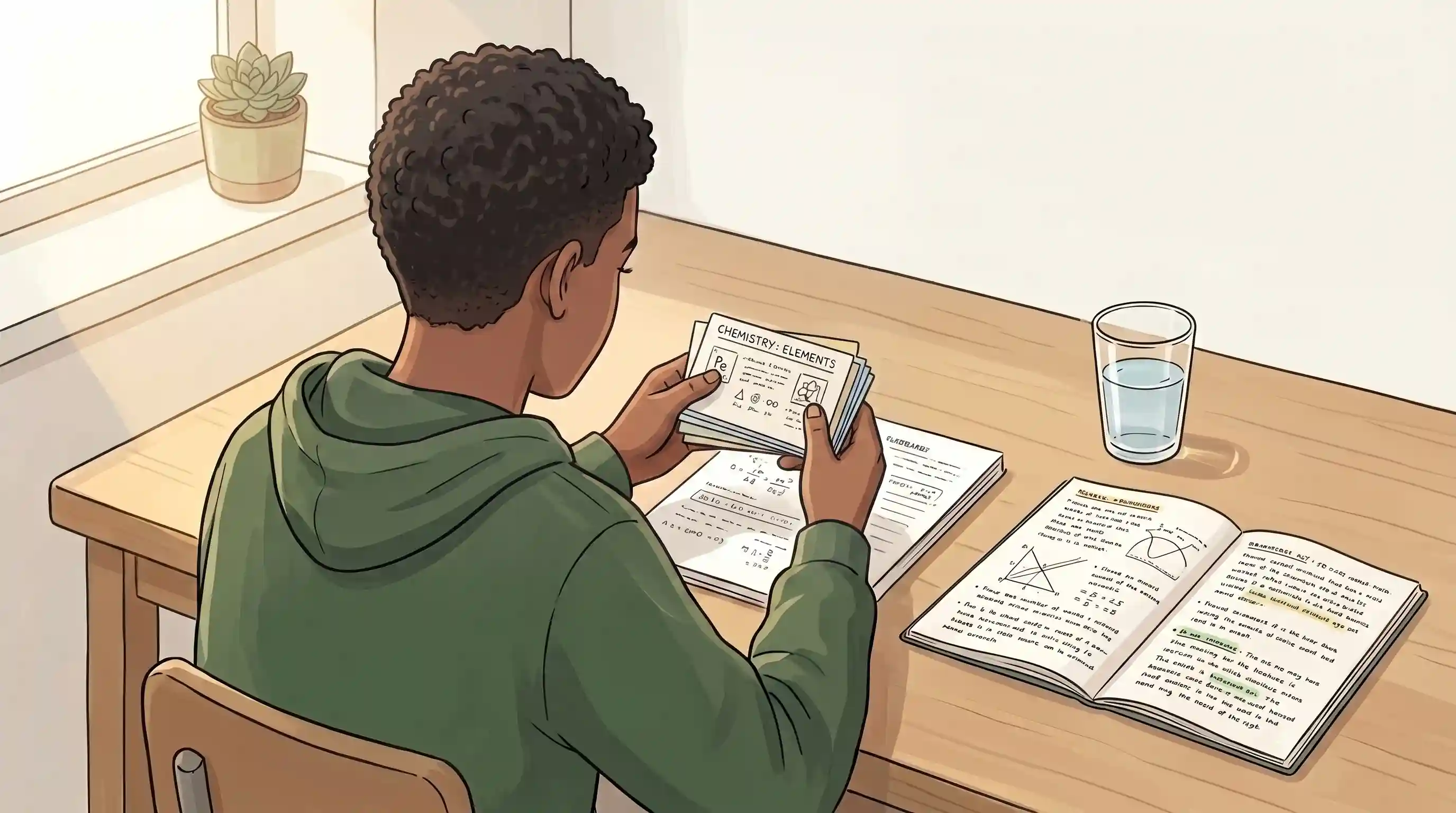A GCSE student intently looking at flashcards whilst studying