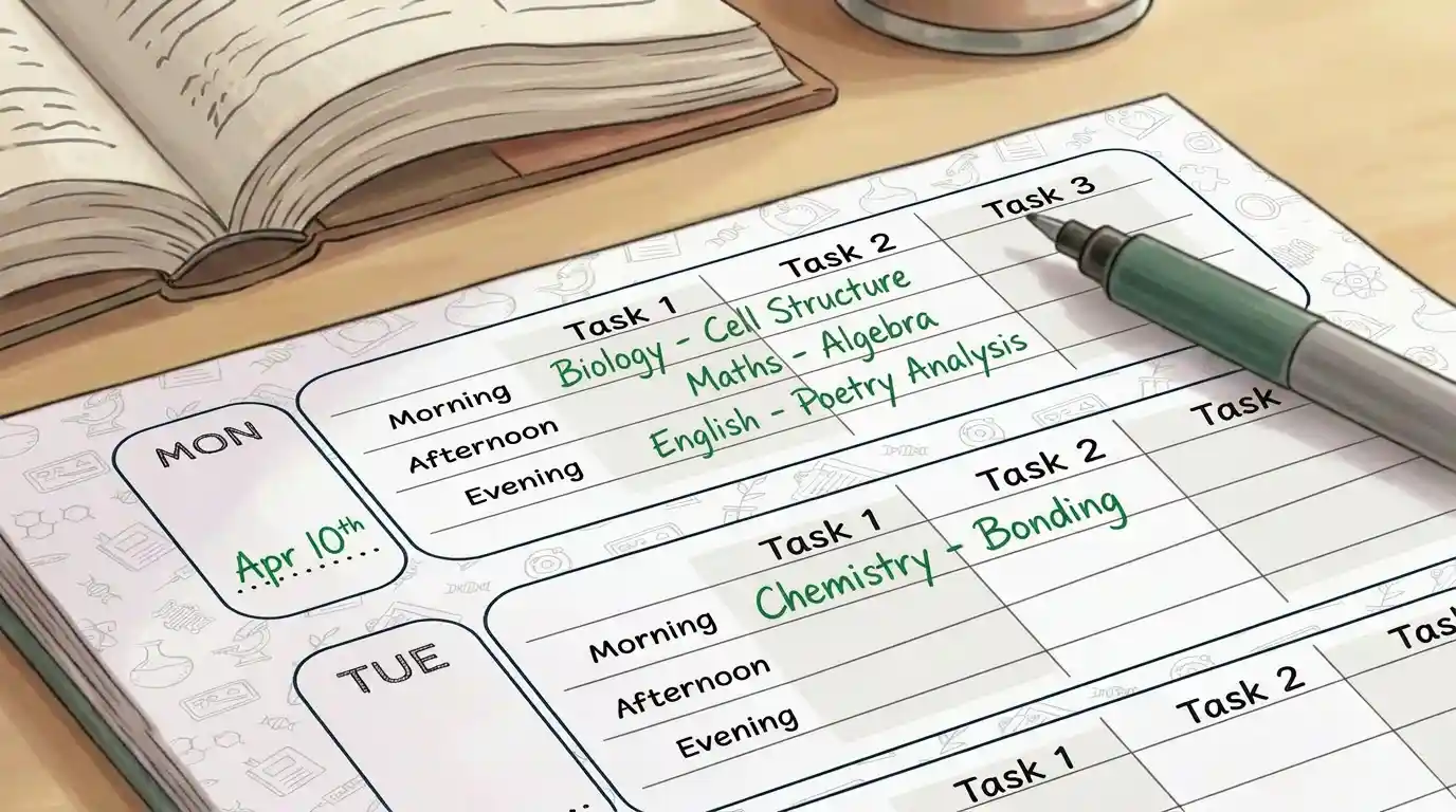 Hands filling in a weekly revision timetable in an open planner, with a completed session ticked off