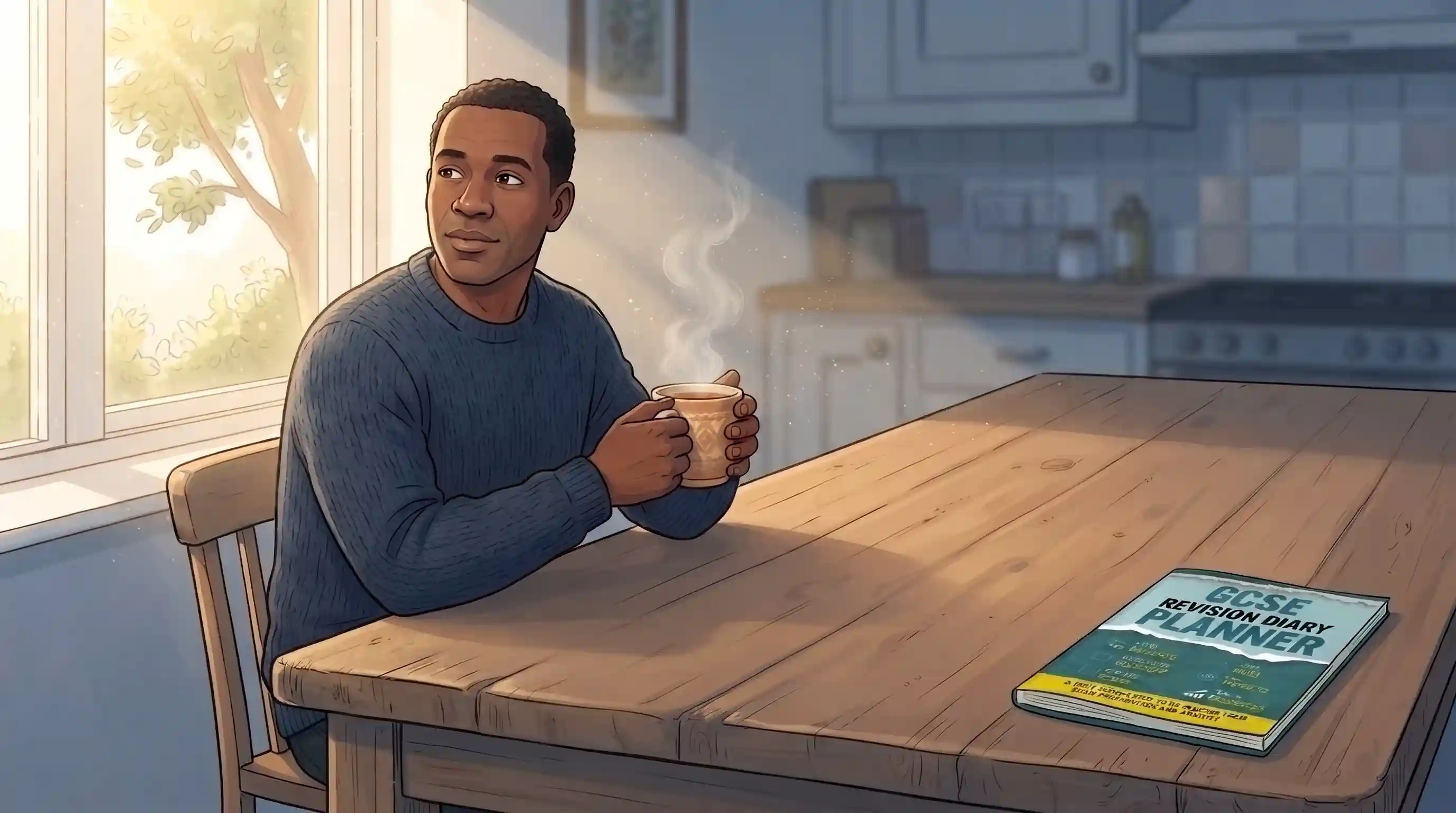 A father in his mid-40s sitting alone at a kitchen table early in the morning, holding a cup of tea and looking out of the window in quiet thought
