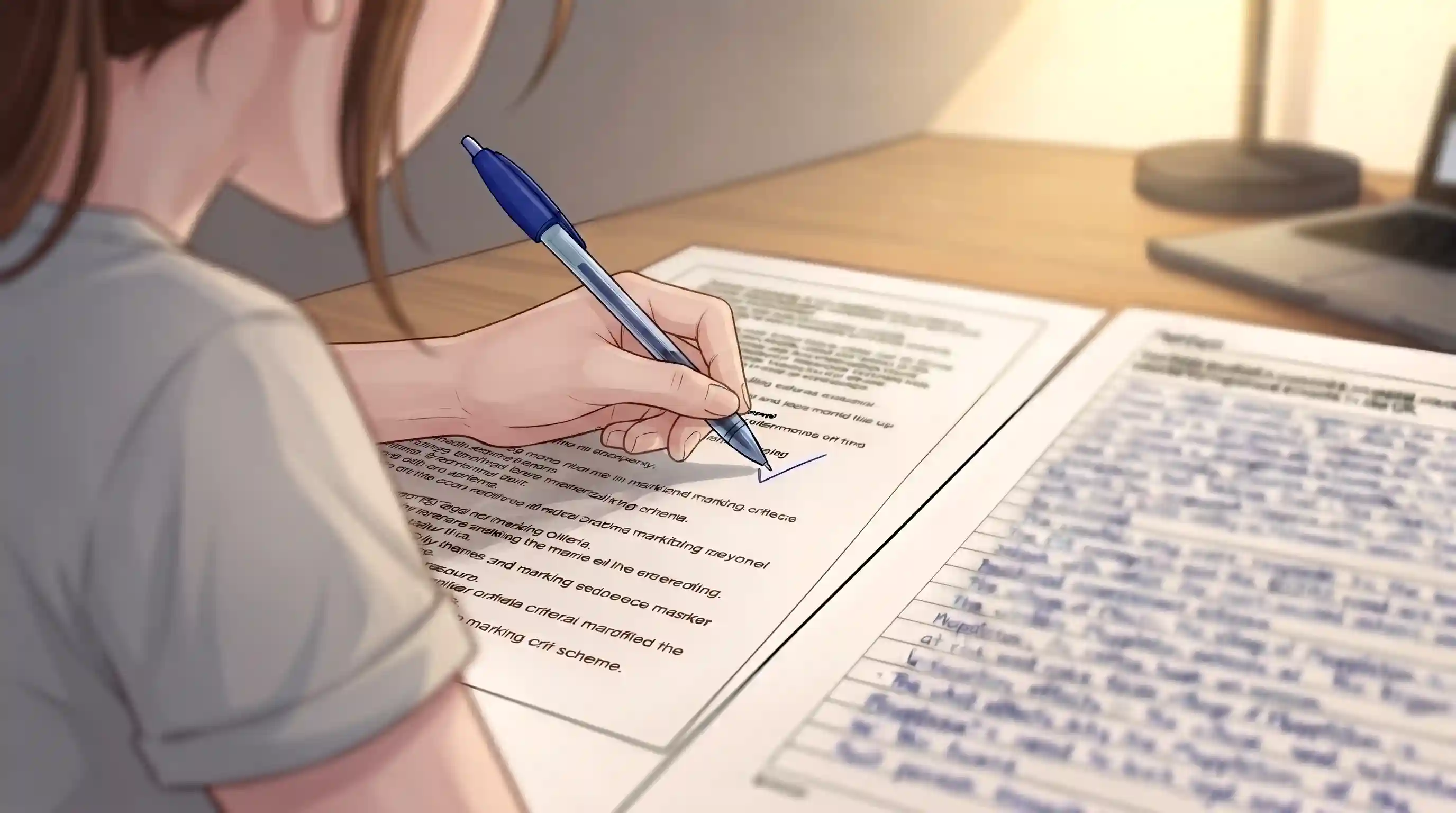 Close-up of a student's hand marking a completed past paper against a printed mark scheme, checking off an answer